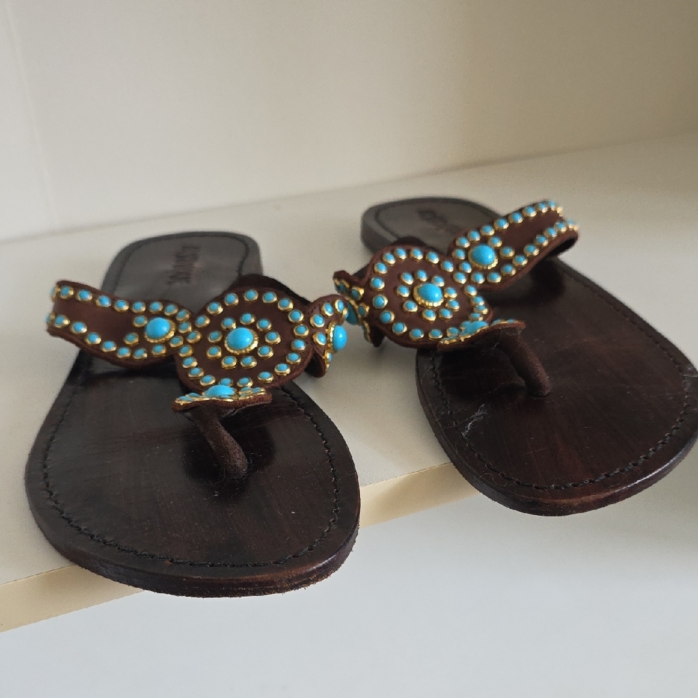 Mystique Brown Leather Thong Sandals with Turquoise Bead Accents
